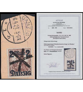 Danzig Freimarke 1920 Nr. 28 II mit Paketkartenent- wertung und Fotoattest Gruber