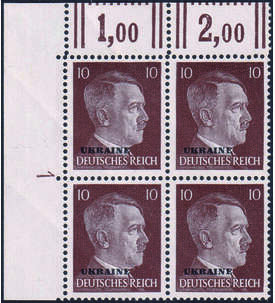 Deutsche Besetzung Ukraine Nr. 19 postfrischer Eckrand- Viererblock mit Formnummer 1