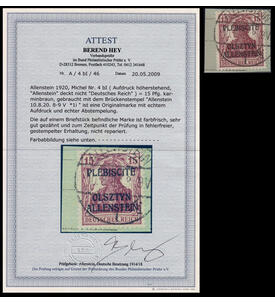 Allenstein - Rarit�t Nr. 4 I b gestempeltes Brief- st�ck mit Farbfotoattest Hey