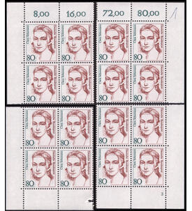 BRD-Abart fehlende Locke Nr. 1305 I postfrisch Viererbl�cke aus allen 4 Bogenecken