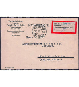 Lokalausgabe Leverkusen Geb�hrenzettel von 1923 auf Postkarte Leverkusen 4.9.23