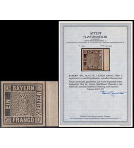 Bayern Schwarzer Einser Nr. 1 I a ungestempelt mit Farbfotoattest Stegmller