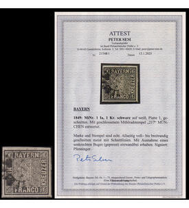Bayern Nr. 1 I a entwertet M�hlradstenpel M�nchen mit Farbfotoattest Sem