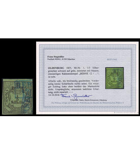 Oldenburg Nr. 1 gestempelt mit Farbfotobefund Stegm�ller Allseits voll-bis breitrandig