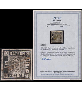 Bayern Nr. 1 gestempelt mit Farbfotoattest Sem Bayern Einser