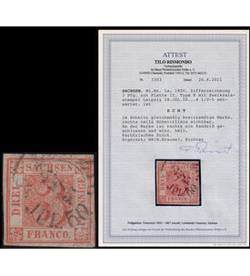 Sachsen Dreier Nr. 1 gestempelt mit Farbfotoattest Rismondo