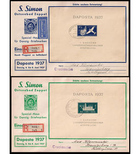 Danzig Block-Briefe Block 1-2 je auf Einschreibe- Sonderumschlag DAPOSTA 1937