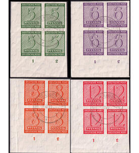 SBZ Ziffern 1945 ungez�hnt Nr. 116-119 X als zentrisch gestempelte Eckrandviererblocks