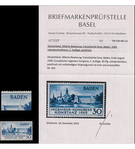 Frz. Zone Baden Nr. 46 III postfrisch mit Farbfotoattest Konstanz 1949