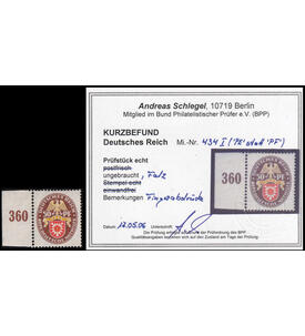 Deutsches Reich Plattenfehler Nr. 434 I ungestempelt Farbfotobefund Nothilfe 1929