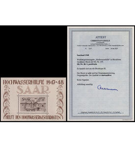 Saarland Block 2 postfrisch mit Farbfotoattest Geigle kleiner Hochwasserblock