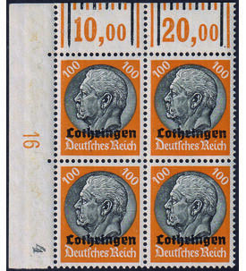 Deutsche Besetzung Lothringen Nr. 1-16 postfrische Viererblocks aus der Ecke oben links